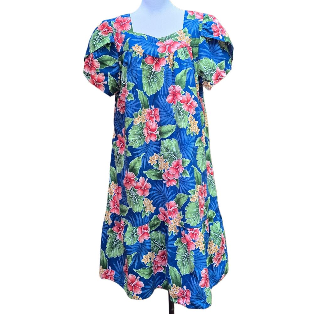 Hilo Hattie Hawaiian Muumuu Dress Blue Floral Hibiscus Cotton XL Petal Sleeve - Picture 2 of 9